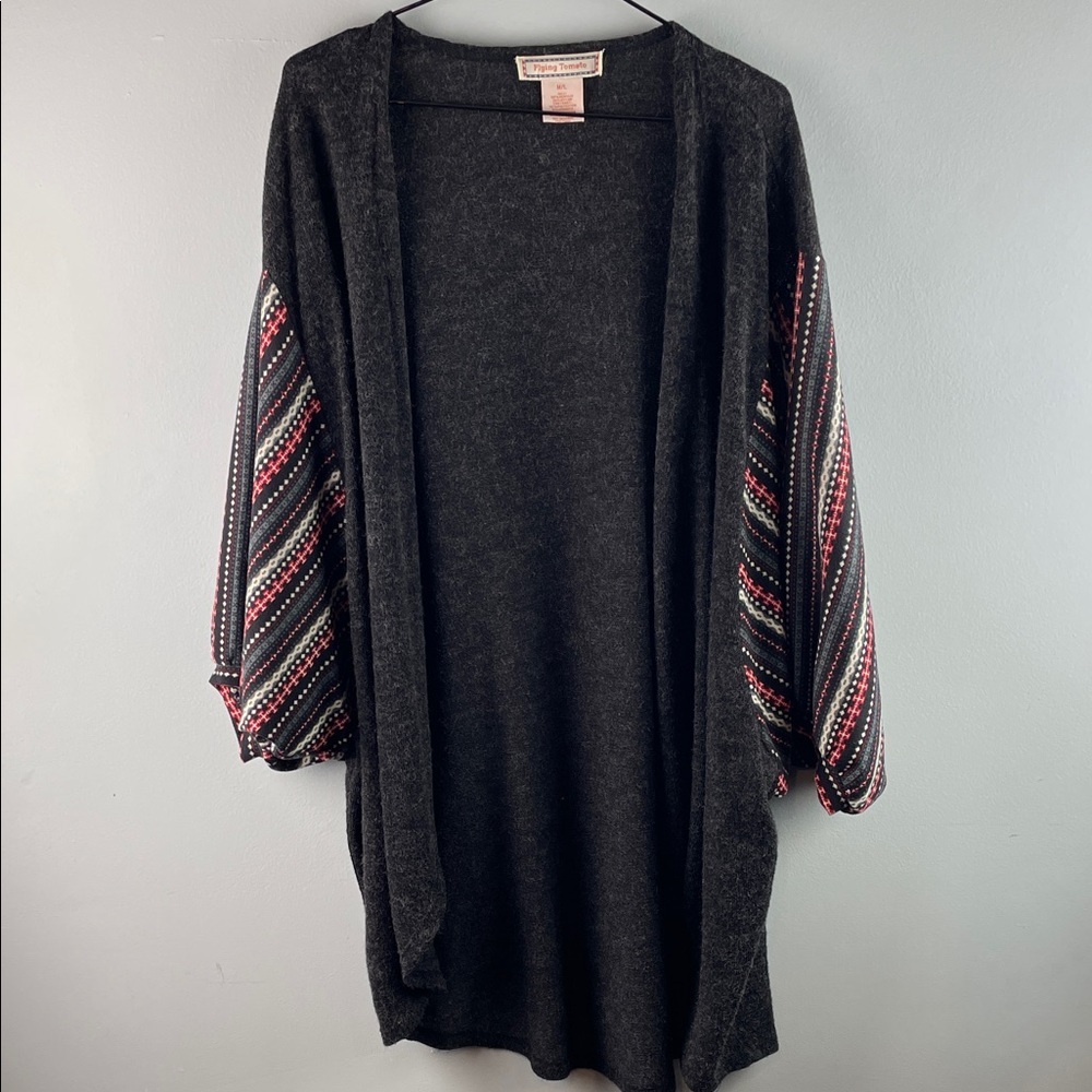 Flying Tomato Black Cardigan with Patterned Red & White Sleeve Detail